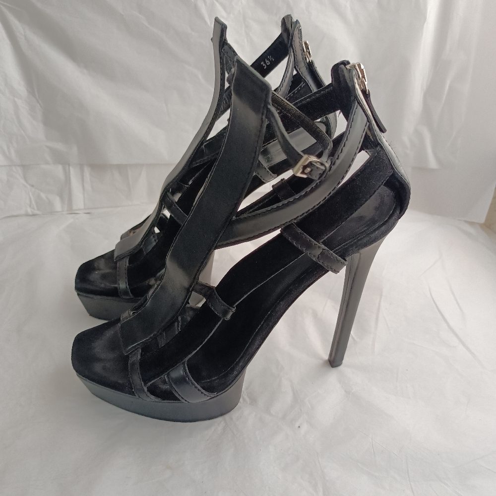 Gucci Black Leather Daryl Platform Sandals Gladiator Cage size 36.5